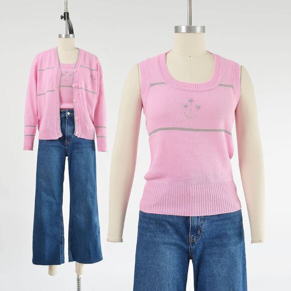 Vintage 60s Pink Two Piece Sweater Set Floral Vest Button Down Cardigan XS S